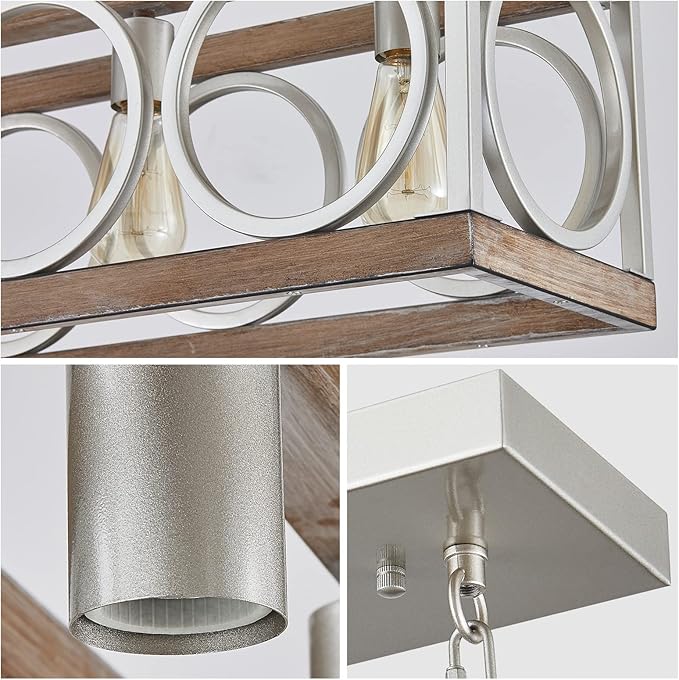 XINGQI Farmhouse Dining Room Chandeliers, Rectangle Vintage Hanging Lighting Fixtures, 4-Light Kitchen Island Lighting, Rustic Metal Chandelier Pendant Light, Antique Wood Grain XY082-Ruum Studio Home