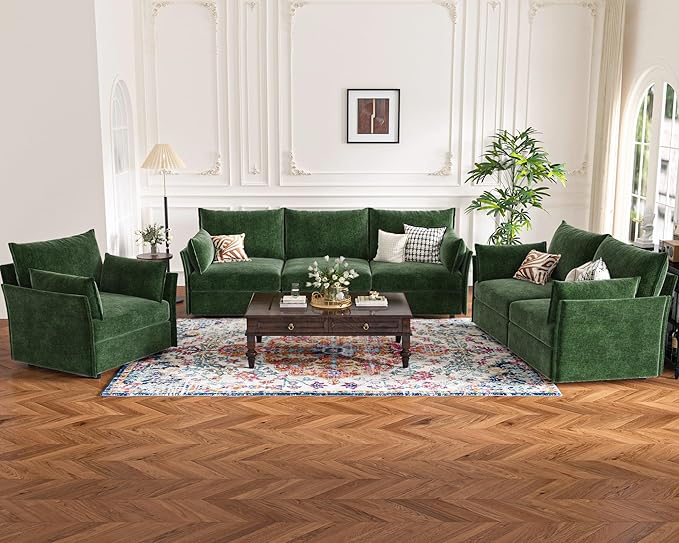 Oversized Loveseat Sofa, Modern Modular Sectional Couch Green Fluffy Chenille Mid Century 2-Seat 24.5" Deep Seat for Apartment, Living Room, Bedroom-Ruum Studio Home