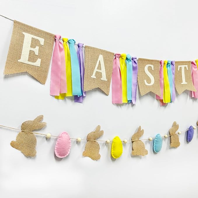 Easter Party Decorations Burlap Rabbit Bunny 3D Felt Egg with Wood Beads Garland Felt Easter Sign Burlap Pennant Banner Flag with Pastel Ribbon for Easter Spring Birthday Baby Shower Party Supplies-Ruum Studio Home