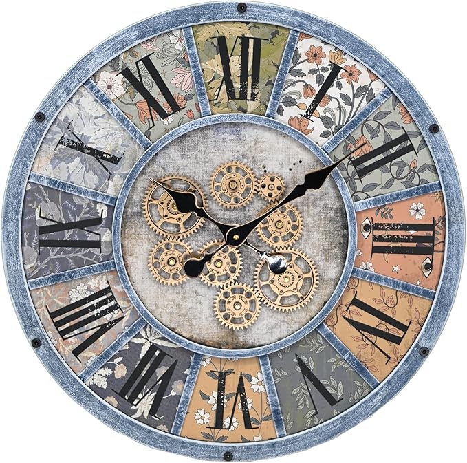Unique Moving Gear Large Round Wall Clock 21inch-Battery Powered. Retro Industrial Steampunk Country Farmhouse Decor for Living Room Kitchen Bars cafes Offices(Blue/metal/21)-Ruum Studio Home