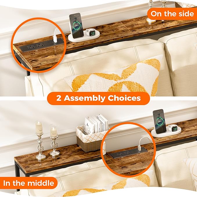 SUPERJARE 70 Inch Console Table with Outlet, Sofa Table with Charging Station, Narrow Entryway Table, Skinny Hallway Table, for Living Room, Rustic Brown-Ruum Studio Home