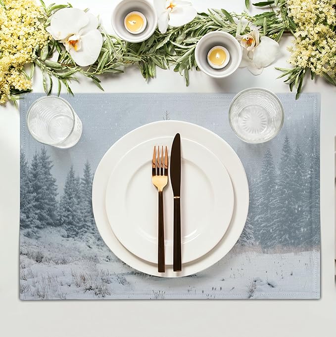 Winter Placemats Set of 4, 12x18 Inch Christmas Pine Tree Snowflake Linen Table Mats Seasonal Washable Farmhouse Place Mats for Kitchen Dining Xmas Holiday Party Decor-Ruum Studio Home