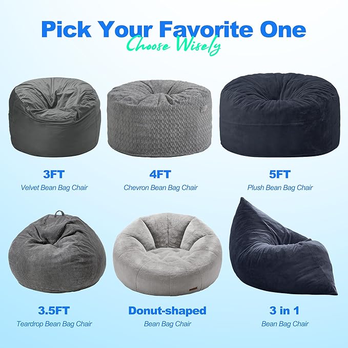 Hobestluk 3 in 1 Bean Bag Chair Giant Bean Bag Chairs for Adults with Plush Faux Fur Cover Convertible Bean Bag Floor Cushion with Machine Washable Cover for Living Room (Plush Dark Grey)-Ruum Studio Home