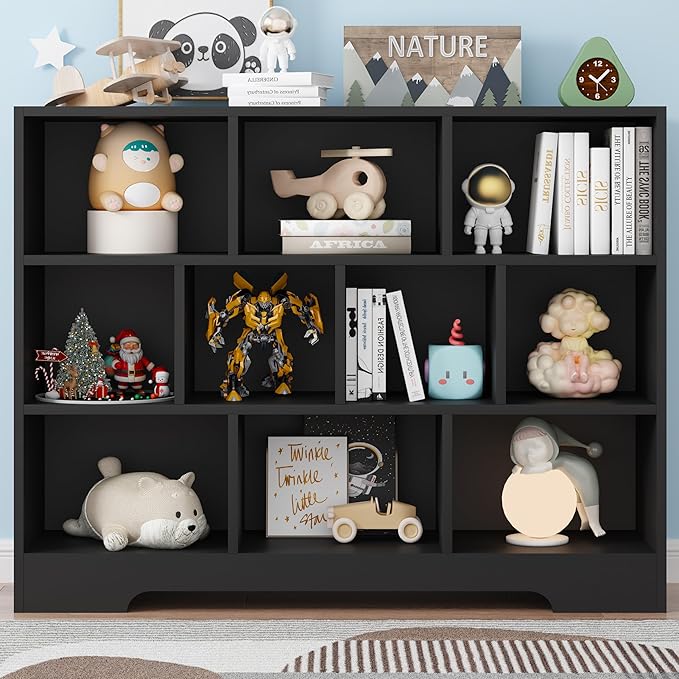 Book Shelf, 10 Cubes Storage Organizer, Freestanding Black Bookshelf Cube Shelf for Bedroom, Living Room, 3-Tier Open Bookshelf Wooden Bookcase-Ruum Studio Home