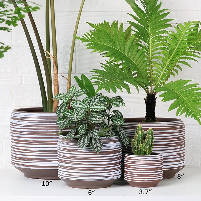 8 Inch + 6 Inch Ceramic Plant Pots Indoor with Drainage – Flower Pot Set, Decorative Indoor Planters for House Plants and Garden Use-Ruum Studio Home