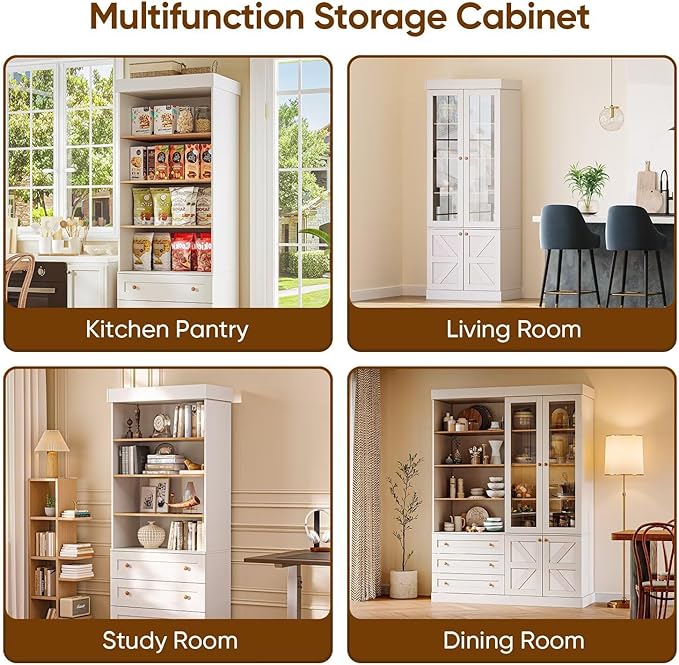 Vyre 71" Tall Farmhouse Bookshelves with Drawers, Large Modular Bookcase with Adjustable Shelves, Storage Cabinet for Living Room, Kitchen, Home Office, White-Ruum Studio Home
