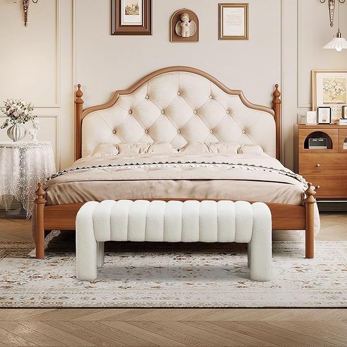 43.3" Bedroom Bench, Upholstered Entryway Bench, Modern End of Bed Ottoman with Solid Wood Legs and Adjustable Foot Pegs for Entryway, Dining Room and Living Room (White Teddy)-Ruum Studio Home