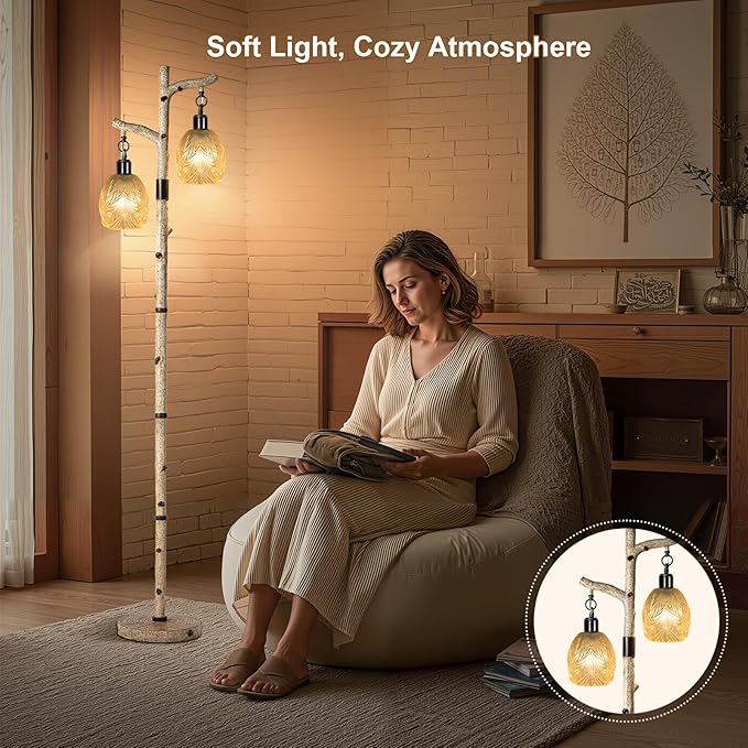 Scenekoy Retro 68.5” Tall Floor Lamp With Carving Shade, Farmhouse Resin Standing Lamp & Faux Birch Tree Finish, Dimmable Corner Lamp Stand Up Light with Bulb Prefer for Living Room Bedroom Home Decor-Ruum Studio Home