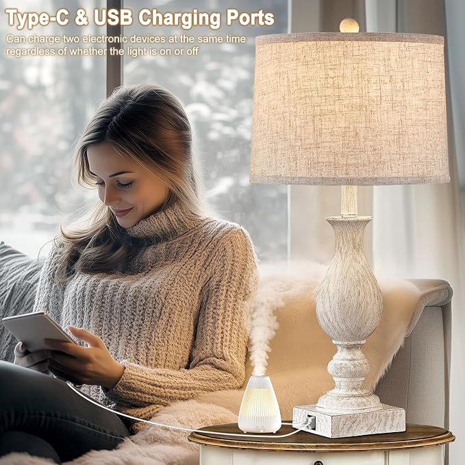 28'' Tall Farmhouse Table Lamps for Living Room, Bedroom Lamps Set of 2 with USB C+A Charging Ports, Rustic Farmhouse Nightstand Lamps for Bedside, Traditional Side Table Lamp with Fabric Shade-Ruum Studio Home