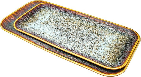 Porcelain Dinner Plates Platters Set of 2, for Fruit, dessert, snack platter, Bread, cupcake, Salad - Microwave, Dishwasher Safe, Scratch Resistant durable, Brown Reactive glaze-Ruum Studio Home