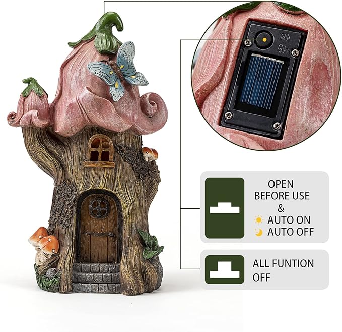Fairy Garden Accessories Outdoor Statues, Mushroom House Decor,Large Gnome Solar Powered Lights Sculptures,Pink Resin Figurine Butterfly Figurines Lawn Ornaments for Patio Yard Decorations 11Inch-Ruum Studio Home