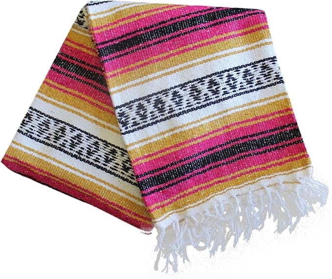 Del Mex Classic Mexican Blanket, Large Authentic Woven Falsa Throw (70"x50"), Artisan Southwest Décor for Beach, Yoga, Outdoors (Gold/Fuchsia)-Ruum Studio Home