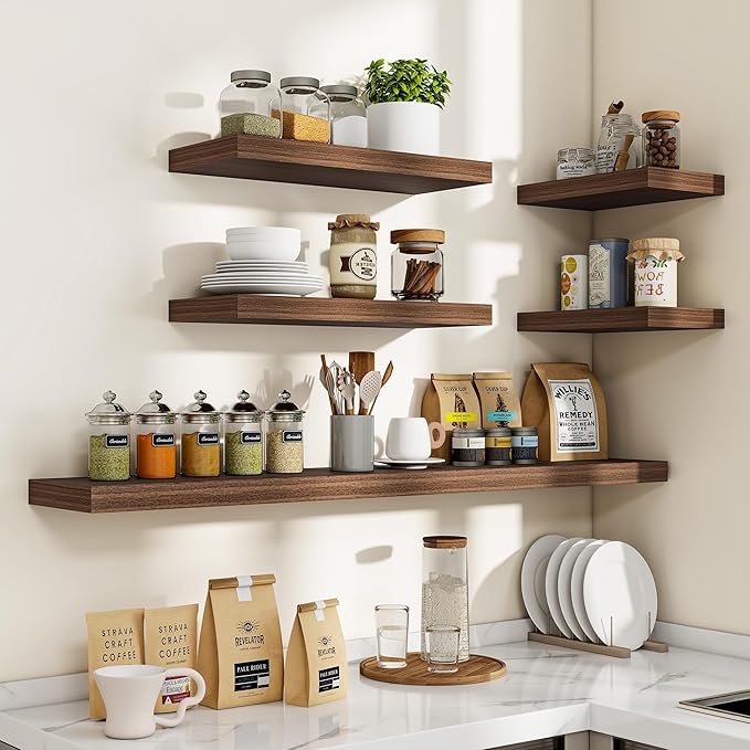 16 Inch Floating Shelves, 16"x9.25"x1.5" Inch Deep Floating Shelves for Wall, Wooden Shelves for Bathroom, Bedroom, Living Room, Walnut-Ruum Studio Home