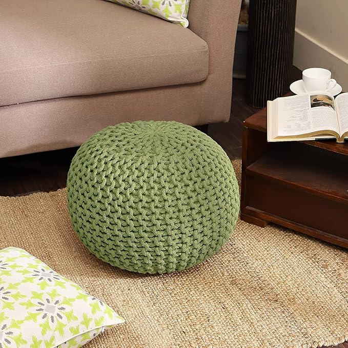 REDEARTH Round Pouf Foot Stool Ottoman - Cotton Knitted Cord Boho Pouffe - Cable Poof Filled Footrest Stuffed for Living Room - Nursery - Bedroom - Patio - Lounge (19.5"x19.5"x14") - Kiwi-Ruum Studio Home