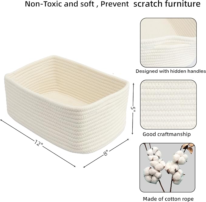 Small Woven Storage Baskets 12“X8”X5“ Decorative Rope Bins for Organizing Shelves, Closets, and Toys, Empty Gift Baskets, Cute Organizer Basket for Home and Office (white, regular)-Ruum Studio Home