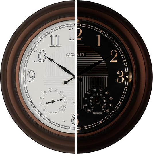 CLXEAST 24 Inch Illuminated in/Outdoor Lighted Atomic Analog Wall Clock with Thermometer & Hygrometer, Oversized Large Waterproof Wall Clocks for Living Room Decor,Bronze Finish-Ruum Studio Home