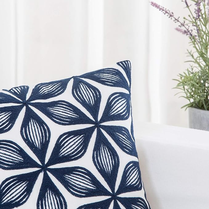 HWY 50 Navy Blue Decorative Throw Pillow Covers 18x18 Inch (1 Piece), Embroidered Cotton Farmhouse Cushion Cover Pillow Case for Sofa Couch Living Room Bed, Fashion Geometric-Ruum Studio Home