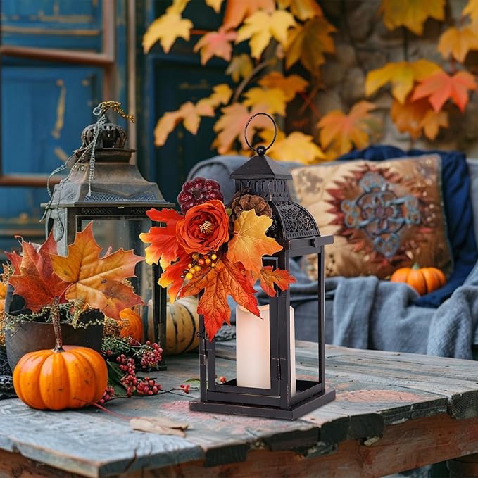 NEEDOMO Fall Decorations for Home, 15'' Fall Lantern Indoor Outdoor Thanksgiving Decor, Vintage Metal Hanging Candle Holders with Fall Teardrop Wreath and LED Candle for Patio, Porch, Table-Ruum Studio Home