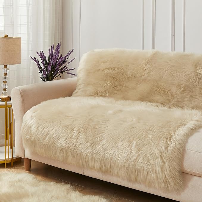 AMTOVO Faux Fur Sheepskin Rug for Living Room, 4 x 6 ft Beige Fluffy Area Rug for Bedroom, Playroom, Luxury Room Decor, Rectangle-Ruum Studio Home
