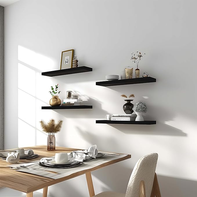 Black Wood Floating Shelves for Wall Rustic Wall Shelves for Bedroom Set of 6-Ruum Studio Home