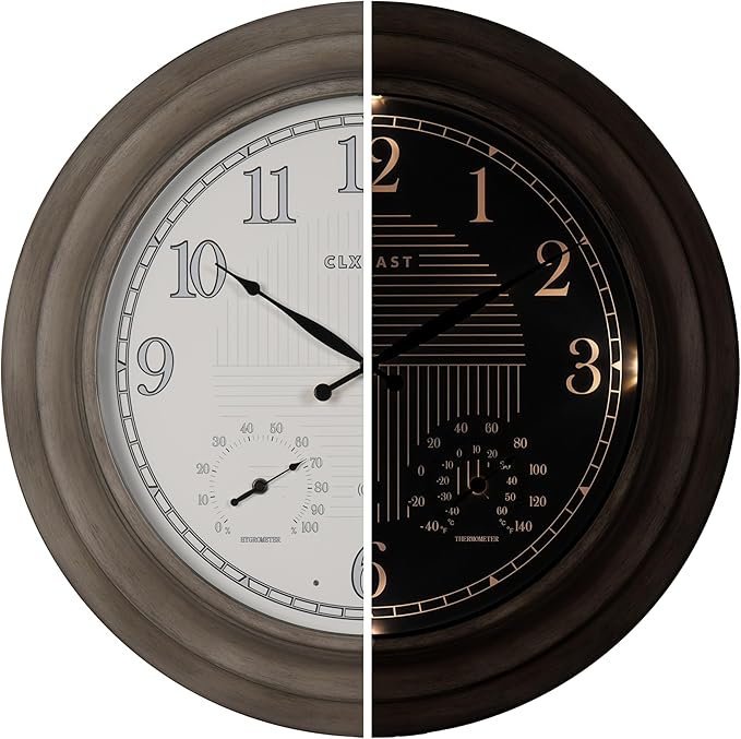 CLXEAST 24 Inch Self-Illuminated in/Outdoor Atomic Wall Clock with Temperature and Humidity, Oversized Large 24 Inch Wall Clocks for Living Room Decor, Brushed Grey Oak Wooden Finish-Ruum Studio Home