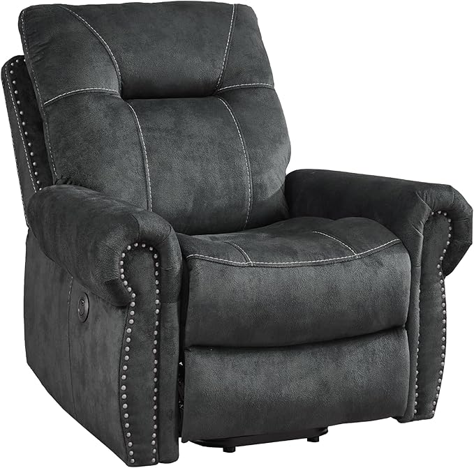 EBELLO Electric Power Recliner Chair with Massage and Heat, Soft Fabric Massage Recliner for Adults, Overstuffed Single Reclining Sofa, Vintage Rivet Mid-Century Design for Living Room, Grey-Ruum Studio Home