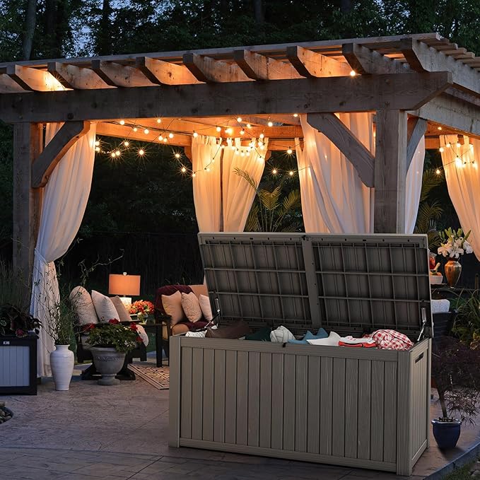 Vixzen 180 Gallon Resin Deck Box, Lockable Outdoor Storage Box for Patio Cushions Storage Furniture,Garden Tools, Pool Supplies, Weatherproof and UV Resistant- Grey-Ruum Studio Home
