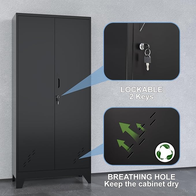 Metal Storage Cabinet with Locking Doors, 61" Tall Garage with Hanging Rod, Broom Closet, Freestanding Bathroom Storage Cabinet, Cleaning Tool,Black-Ruum Studio Home
