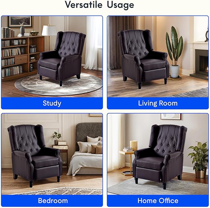 Softa Recliner Chair for Adults, Mid Century Wingback Pushback Accent Chair with Rivet Decoration, Tufted Upholstered Single Sofa Armchair for Living Room, Bedroom, Study (PU, Brown)-Ruum Studio Home
