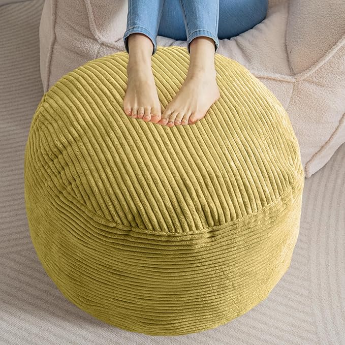 HIGOGOGO Round Stuffed Pouf Ottoman, Corduroy Poufs with Foam Chunk Filling, Furry and Fluffy Pouf Foot Stool Storage Ottoman, 26 X 18 Floor Poufs Foot Rest for Living Room, Green-Ruum Studio Home