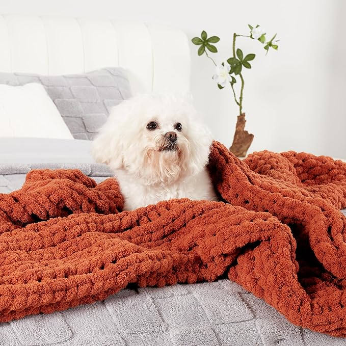 Amélie Home Chunky Knit Throw Blanket for Couch, Soft Chenille Crochet Blanket for Sofa, 50"x60", Burnt Orange-Ruum Studio Home