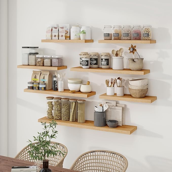 Fun Memories Solid Oak Wood Floating Shelves, 9.3 Inch Deep Natural Wood Shelf with Invisible Heavy Duty Bracket for Bathroom Bedroom Kitchen - 48inch Set of 1, Natural-Ruum Studio Home