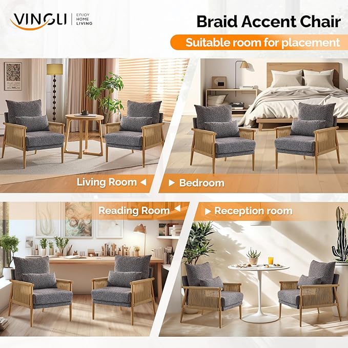 VINGLI Boho Braid Accent Armchairs Set of 2,Mid-Century Modern Chiars with Solid Wooden Armrest,Comfy Louge Cushion Chairs with Waist Pillow for Bedroom,Living Room,Reading Room, Gray-Ruum Studio Home