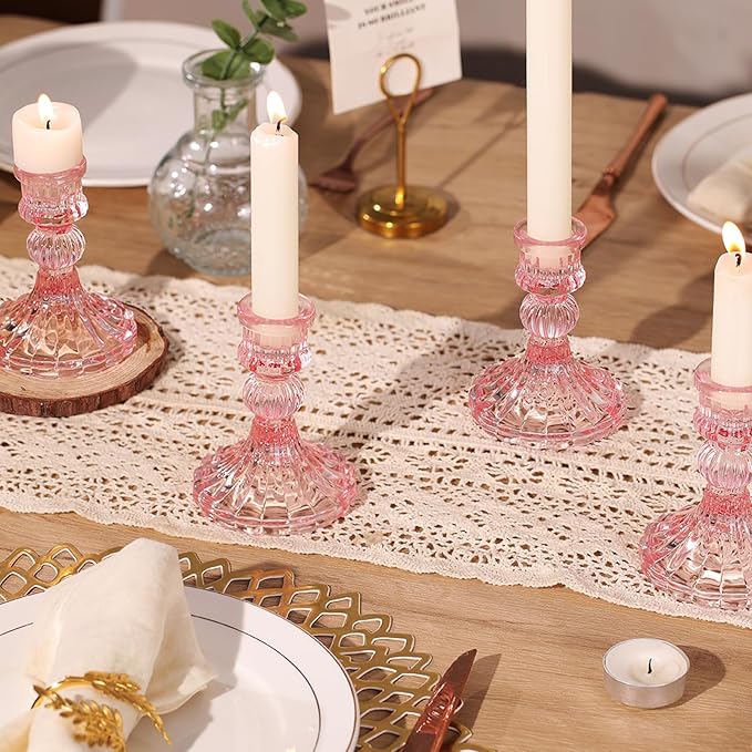 12PCS Pink Candlestick Holders Set- 4" H Taper Candle Holders, Glass Candle Holders Bulk for Wedding, Party, Home Table Centerpieces, Festival Gifts & Windowsill Decor-Ruum Studio Home
