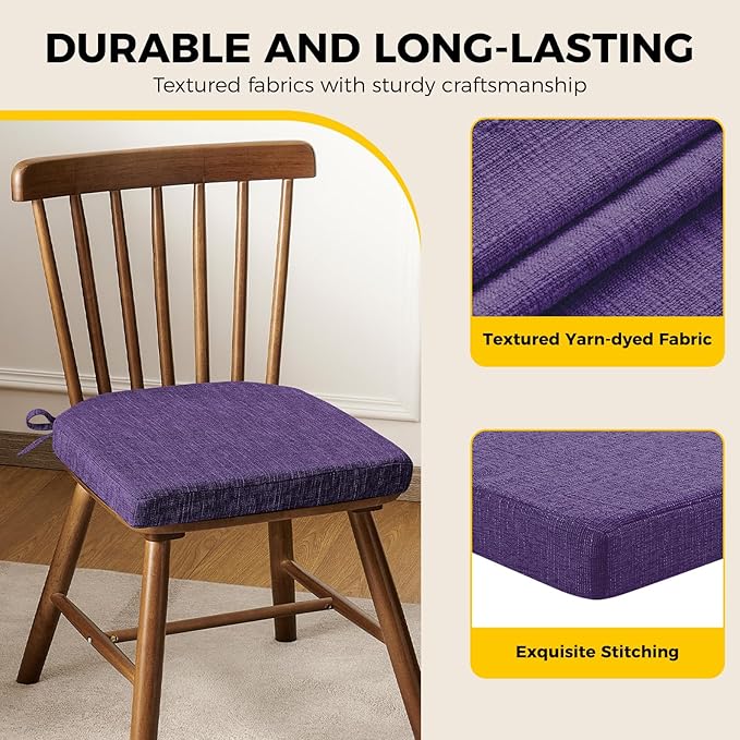 downluxe Indoor Chair Cushions for Dining Chairs, Soft and Comfortable Textured Foam Kitchen Chair Pads with Ties and Non-Slip Backing, 16" x 16" x 2", Purple, 4 Pack-Ruum Studio Home