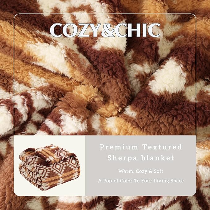 CASAAGUSTO Boho Sherpa Throw Blanket, Aztec, Ultra Soft, Warm, Cozy, Plush, Thick Fleece Bohemian Throw Blanket for Couch, Bed, Sofa (Terracotta 50 * 60 Inch)-Ruum Studio Home