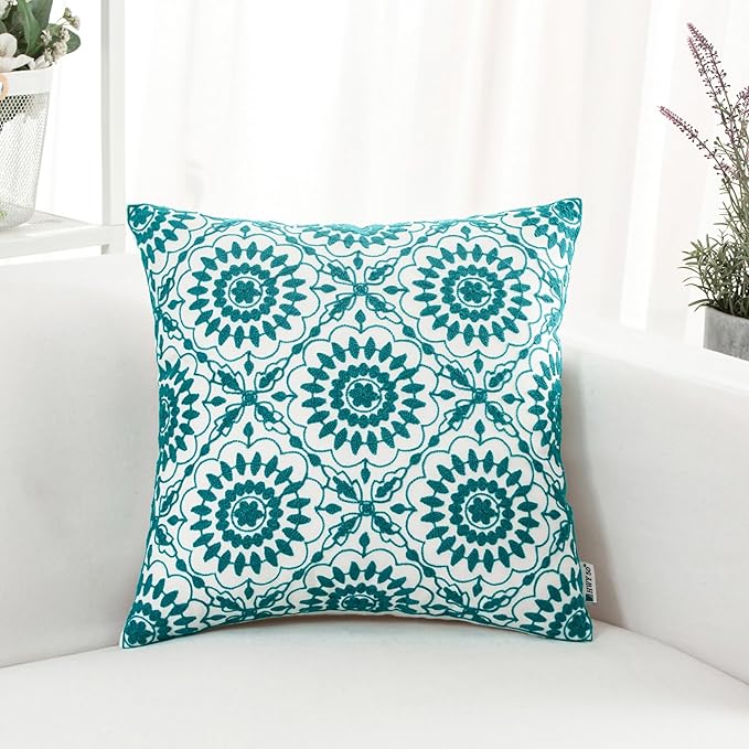 HWY 50 Teal Decorative Throw Pillow Covers 18x18 Inch (1 Piece), Embroidered Cotton Farmhouse Cushion Cover Pillow Case for Sofa Couch Living Room Bed, Little Sunflower-Ruum Studio Home