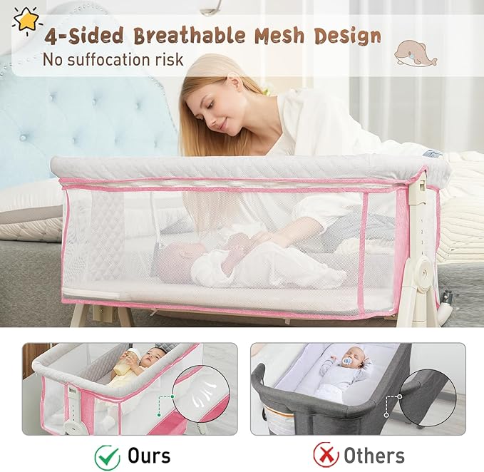 Baby Bassinet Bedside Sleeper for Baby,Bedside Bassinet with Wheels and Storage Basket, 6 Height Adjustable Bedside Crib(Upgrade Pink)-Ruum Studio Home