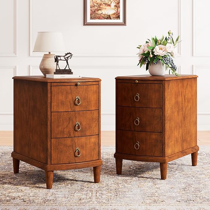 Set of 2 Solid Wood End Table with 3 Drawers, Fully Assembled Nightstand with Sliding Shelf, Pre-Assembled Vintage Wooden Beside Tables In Cherry Brown for Small Space,13.4*22.4*22.6in-Ruum Studio Home
