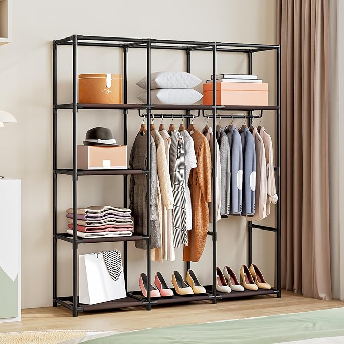 SORCEDAS Portable Wardrobe Closet Storage Organizer Metal Hanging Rack Non-Woven Fabric (Coffee, 51 Inch)-Ruum Studio Home