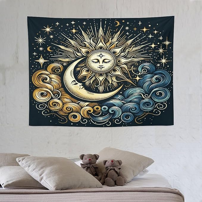 HZOHNAGO Sun Moon Tapestry Boho Golden Stars Pattern Printed Wall Tapestry Wall Hanging for Bedroom Living Room Dorm 40" W x 30" H-Ruum Studio Home