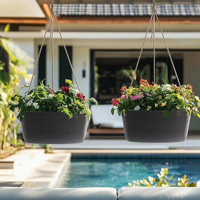 La Jolie Maison Large Hanging Planters - 12 Inch Outdoor Flower Pots, Hanging Garden Planters Set of 2, Black Charcoal-Ruum Studio Home