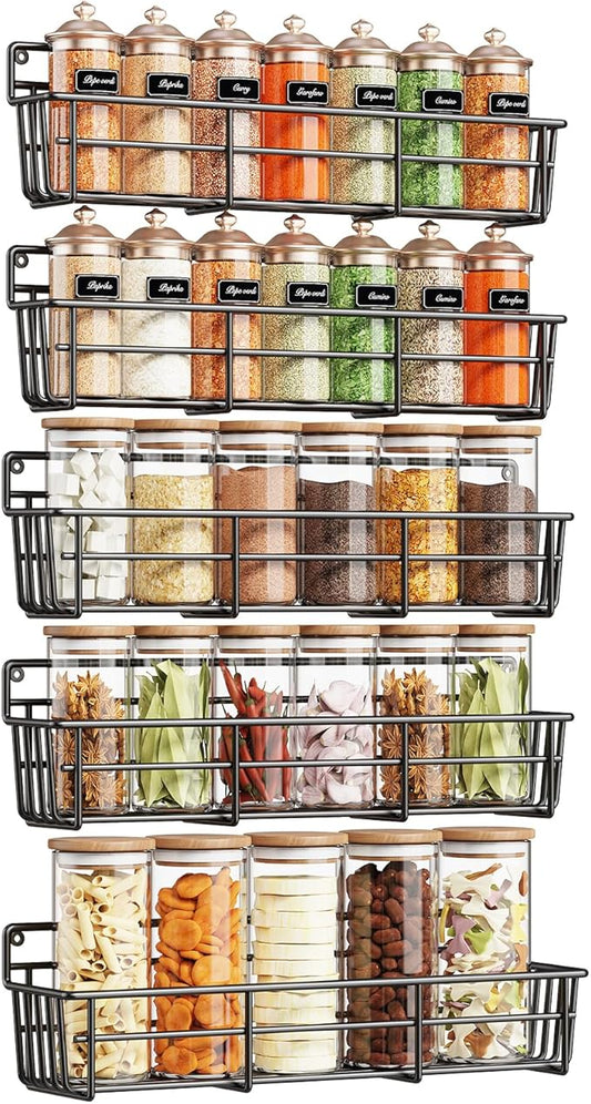5 Pack Spice Rack Seasoning Organizer Wall Mount, Screw or Adhesive Hanging Shelf Basket Spice Organizer Shelf for Kitchen, Black-Ruum Studio Home