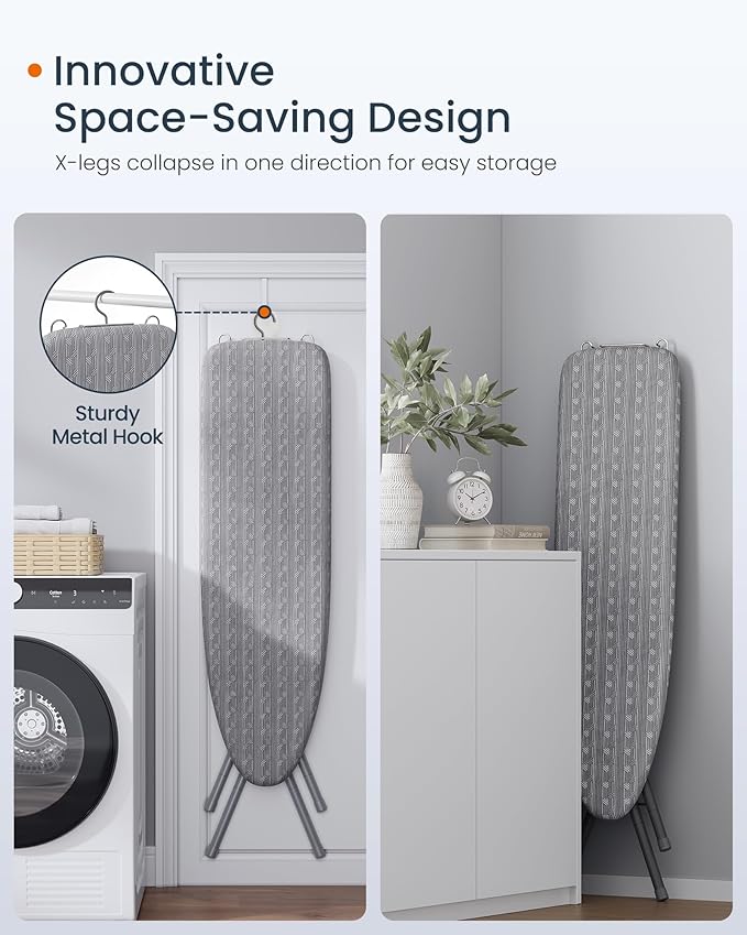 SONGMICS Ironing Board, Foldable Iron Board, Height Adjustable up to 35 Inches, with 4 Layered Cover and Pad, Iron Rest, Hook, Steel X-Legs, for Home, Laundry Room, Dorm, Dove Gray ULLB001G01-Ruum Studio Home