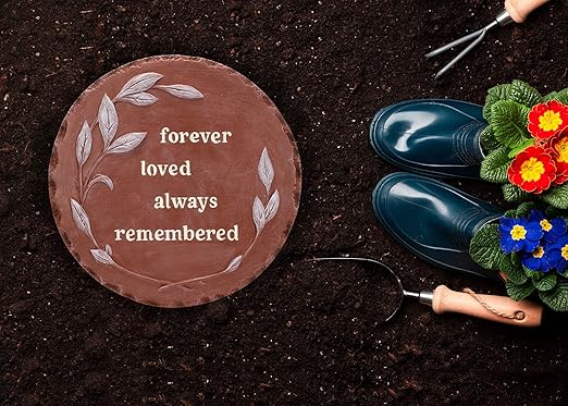 NAT & Jules Floral Laurel Wreath Leaves Pattern Dimensional Indoor Outdoor 12 inch Round Cast Resin Decorative Garden Stepping Stone, Patio, Walkway Sculpture Yard Art, Forever Loved Red-Ruum Studio Home