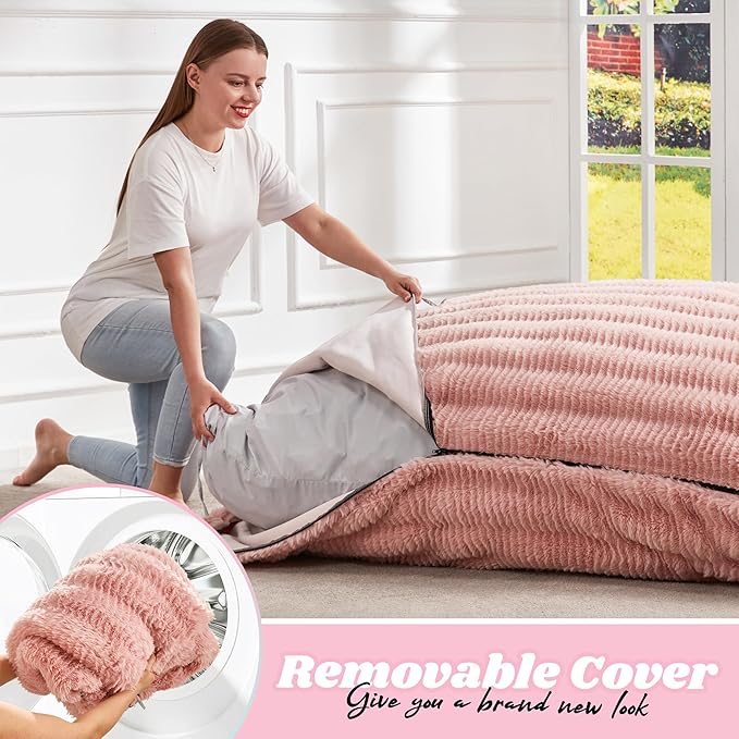 Hobestluk 3 in 1 Bean Bag Chair Giant Bean Bag Chairs for Adults with Ripple Cover Convertible Bean Bag Floor Cushion with Machine Washable Cover for Living Room (Ripple Pink)-Ruum Studio Home