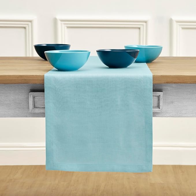 Solino Home Linen Aqua Blue Table Runner 120 Inches Long - 100% Pure Linen 14 x 120 Inch Table Runner for Dining - Fete-Ruum Studio Home