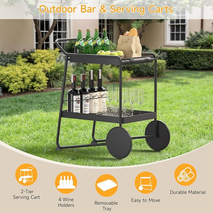 Outdoor Grill Cart Table with Extra-Large Wheel, 24" x 16" Removable Tray & Ergonomic Handle, Indoor and Outdoor Pizza Oven Table for Garden Patio BBQ Kitchen Food Prep Cart for Party-Ruum Studio Home