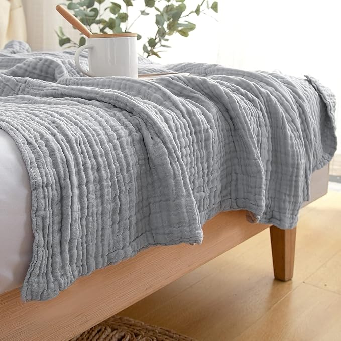 EMME Cooling Throw Blanket for Hot Flashes Muslin Throw Blanket 100% Cotton Throws Gauze All Season Soft Lightweight Breathable (Light Grey, 60"x80")-Ruum Studio Home