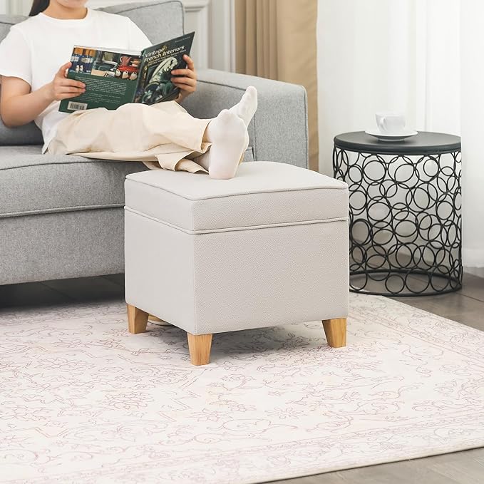 Adeco 17.5" Square Fabric Ottoman with Storage - Upholstered Cotton Linen Foot Rest - Flip Top Footstool with Sturdy Wood Legs, Small Cube Coffee Table Extra Seat for Living Room, Bedroom, White-Ruum Studio Home